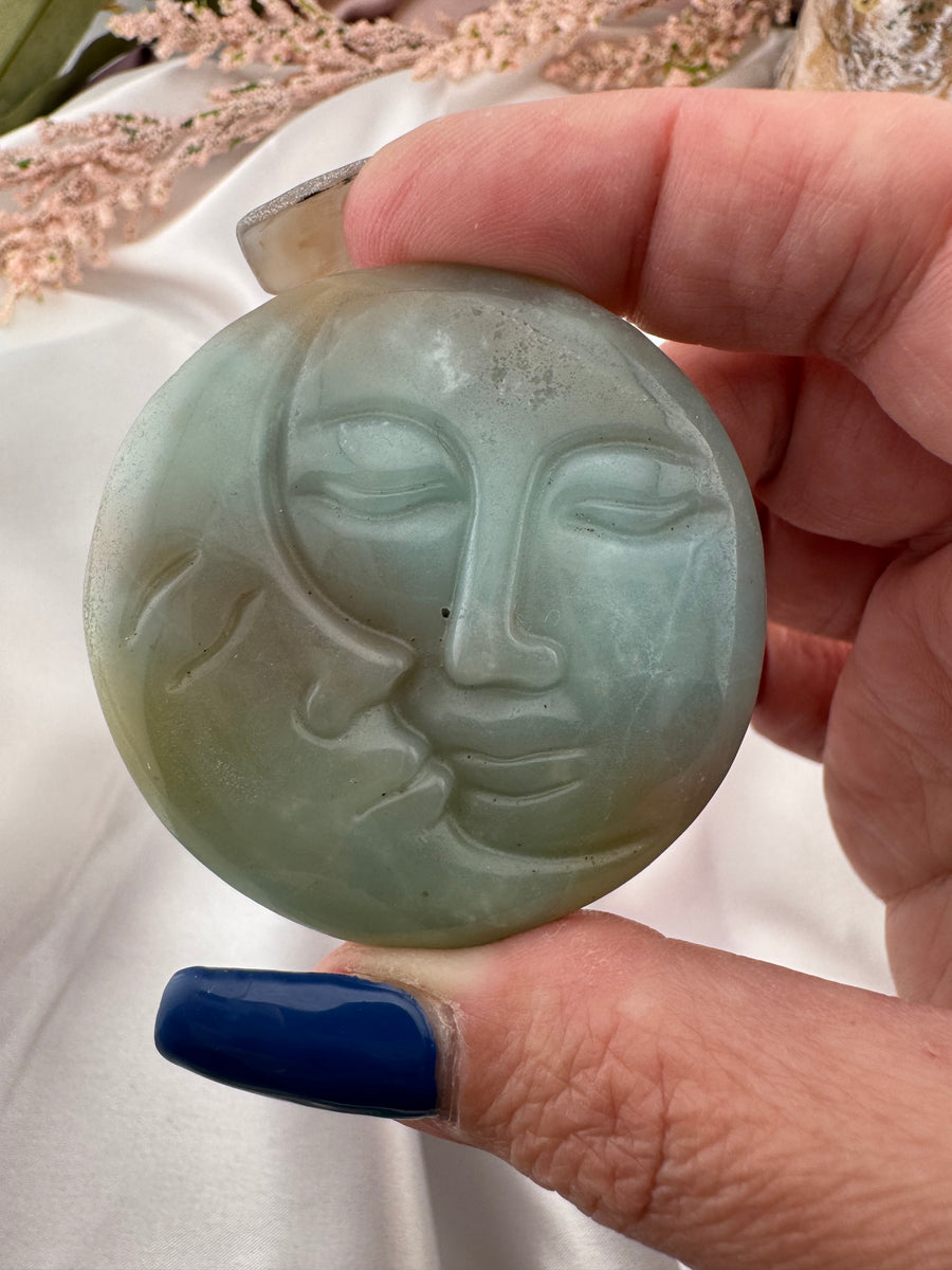 Caribbean Calcite Sun Moon Face Carving-Handmade Naturals Inc