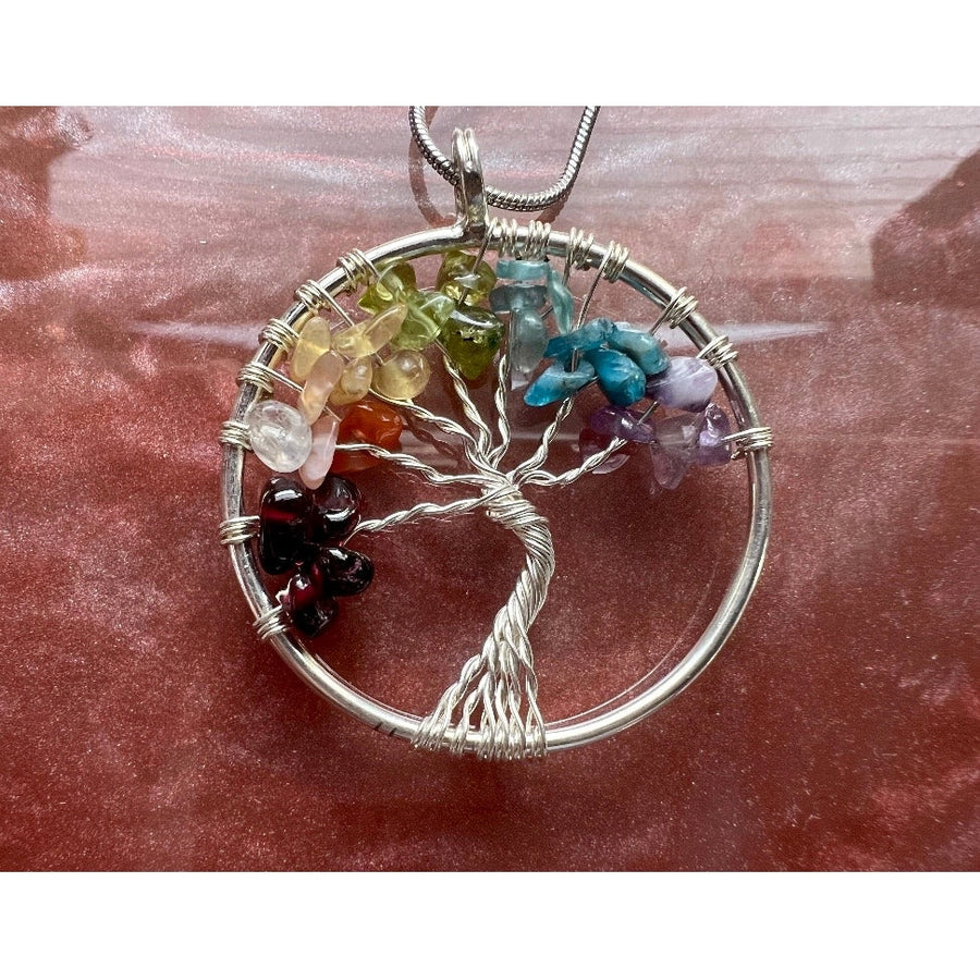 Silver Plated Chakra Tree of Life Circle Pendant Necklace